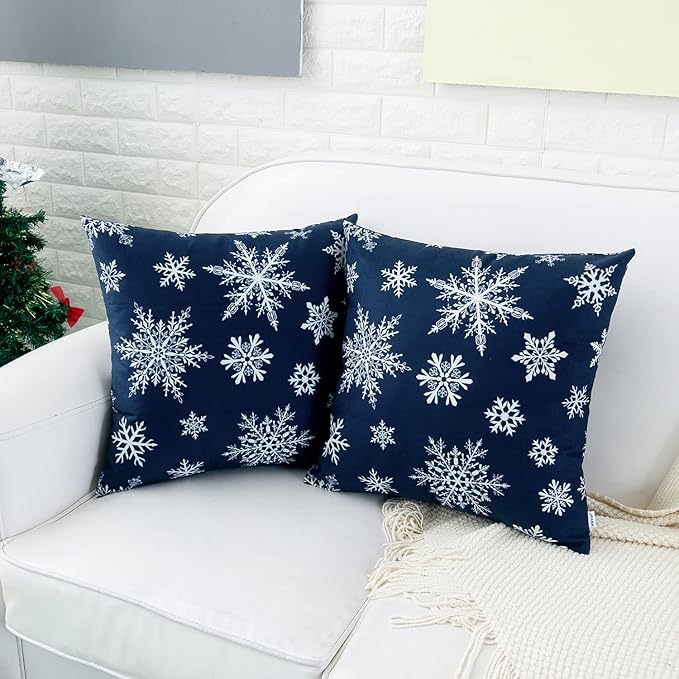 HWY 50 Dark Blue Decorative Throw Pillow Covers 16x16 Inch for Couch Sofa Living Room Bed, Soft Christmas Big and Small Snowflakes Print Throw Pillows Cases Set Cushion Cover Pack of 2