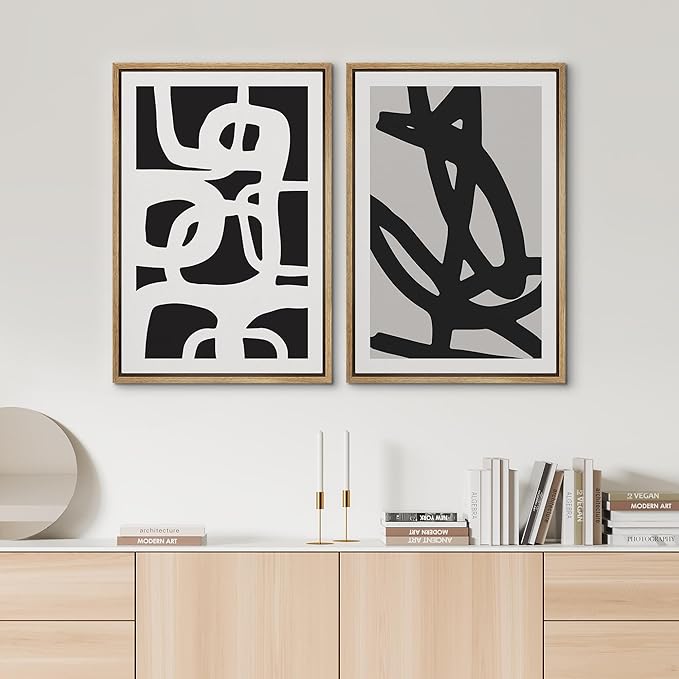 SIGNWIN Framed Canvas Print Wall Art Set Black White Geometric Dark Ring Collage Abstract Shapes Illustrations Modern Art Minimal Boho Relax/Calm for Living Room, Bedroom, Office - 24"x36"x2 Natural