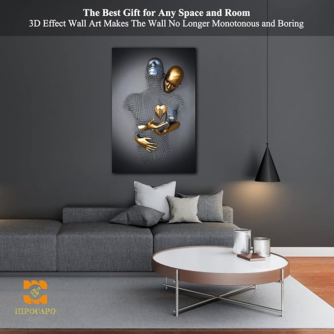 3D Metal Effect Wall Art - Love Heart 3D Metal Canvas Art, 3D Metal Canvas Art 3D Canvas Art Wall Decor for Modern Living Room, Framed Romantic Couple pictures for bedroom wall decor 24”x36”x1Pcs