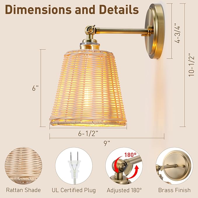 Rattan Wall Sconce Plug in, Hand-Woven Wicker Lampshade Wall Sconces Set of Two, Indoor Wall Lamp, Boho Sconces Set for Bedroom Living Room Corridor Plug-in or Hardwired