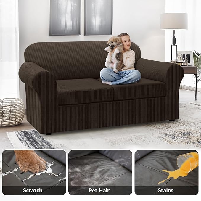 100% WaterproofLoveseat Cover 3-Piece Set Striped Loveseat Slipcovers for 2 Cushion Couch Sofa Covers with TPU Leakproof Bottom Stretch Couch Protector Pet Proof - Loveseat, Brown