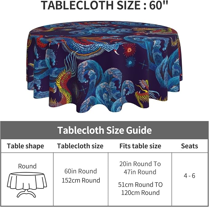 Chinoiserie Tablecloth Round, Traditional Zodiac Dragon Vintage Asian Style Oriental Luxury Water Resisitant Table Cover for Dining Kitchen Living Room Home Party Holiday Decor 60 inch Round