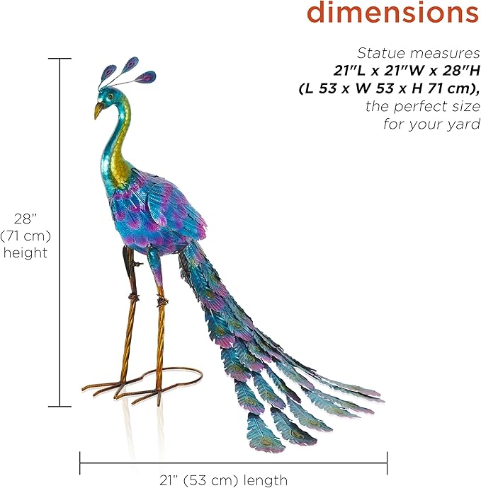 Alpine Corporation 28" Tall Outdoor Metallic Peacock Standing Yard Statue Decoration, Multicolor