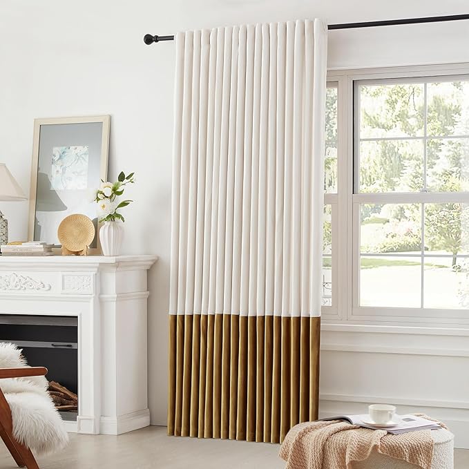 Velvet Curtains for Living Room Cream Ivory Gold 120 inches Long,2 Panels Blackout Curtains Modern Color Block Back Tab Rod Pocket Soundproof Drapes for Bedroom Window Decor