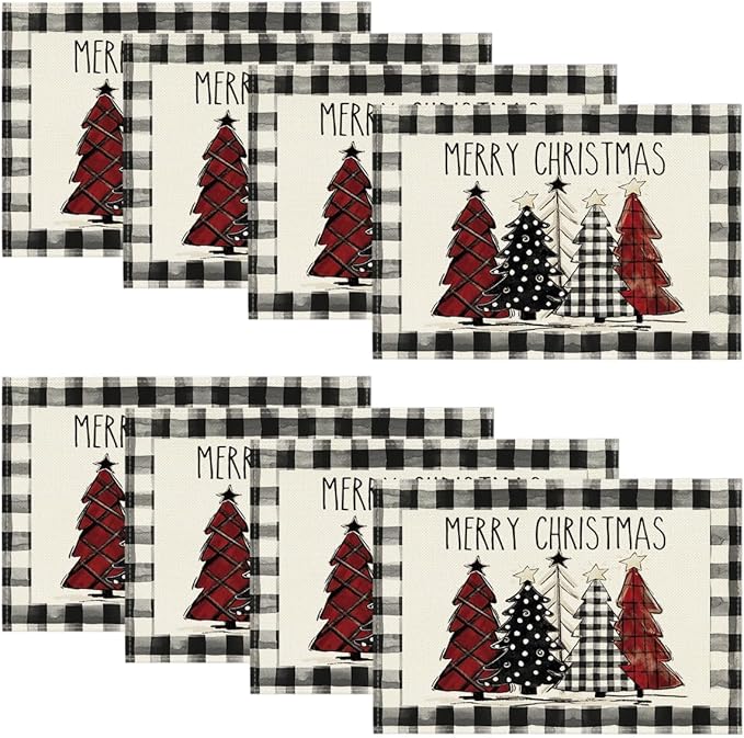 Artoid Mode Waterclor Buffalo Plaid Christmas Trees Placemats Set of 8, 12x18 Inch Winter Table Mats for Outdoor Home Party Kitchen Dining Decor