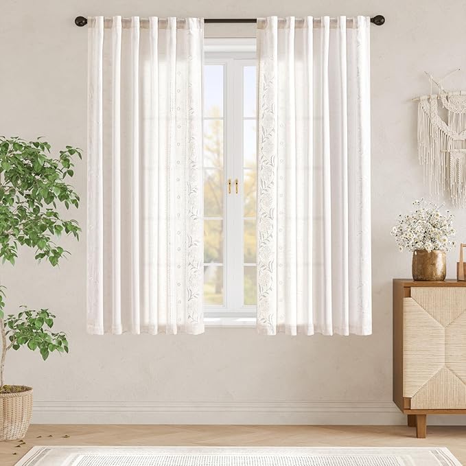 jinchan Winslow Linen Curtains for Bedroom 63 Inches Length Embroidered Bordered Floral Curtains for Living Room Farmhouse Decor Light Filtering Window Treatments White on White Drapes 2 Panels