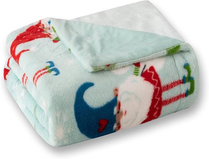 COOVA Christmas Faux Rabbit Fur & Flannel Throw Blanket 50x60 Inch - Festive Luxury Soft & Cozy, Perfect for Holiday Decor, Bed, Sofa, Couch, Father Christmas Pattern,Blue