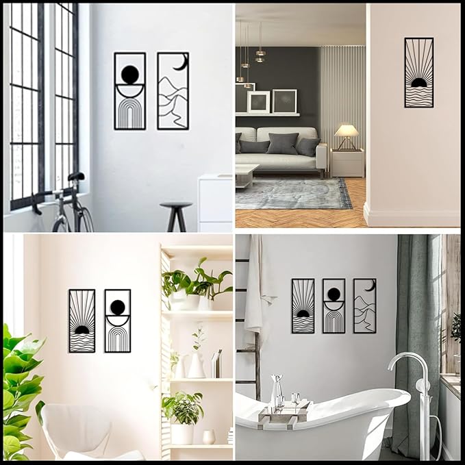 DUOOLN 3 Pcs Black Abstract Metal Wall Decor, Minimalist Decorative Single Line Art Wall hangings, Modern Geometric Sun Moon Mountain Scene Metal Wall Sculpture for Living Room Bedroom Bathroom Study Home Wall Painting