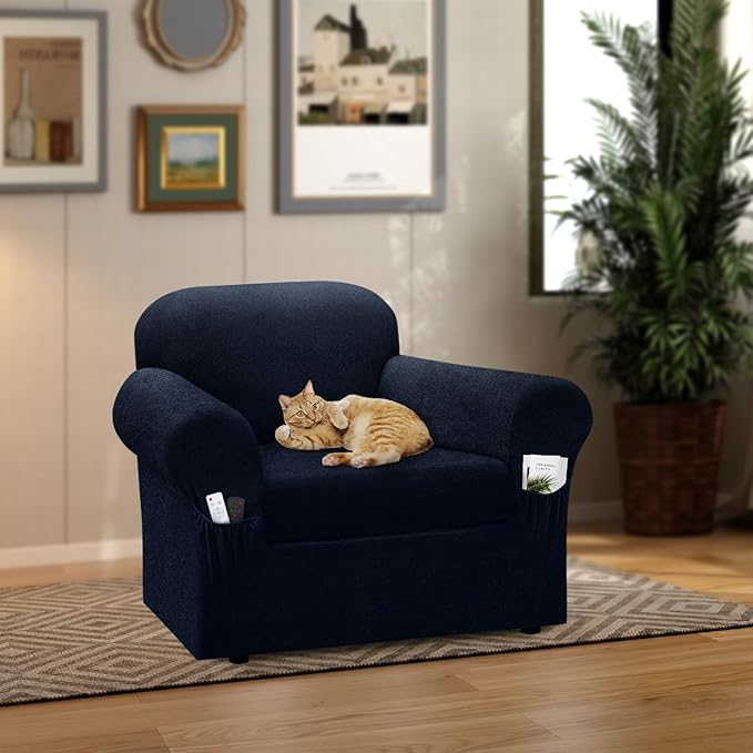 Chair Slipcover with Armrest Pockets 2-Piece Set, Stretch Faux Leather Chair Cover for Armchairs(Fits 31-45") - Non-Slip, Machine Washable, Pet & Kid Friendly - Navy