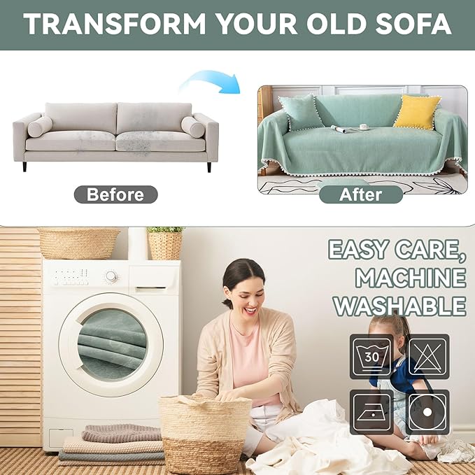 VClife Couch Cover Farmhouse Chic Sage Green Couch Covers for 3 Cushion Couch Sofa - Washable Chenille Sofa Cover for Living Room Office RV Bedroom (71"X134") Gift for Christmas Thanksgiving Birthday