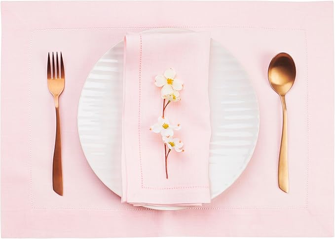 D'Moksha Homes Linen Placemats Set of 4 - Classic Hemstitch Pastel Pink Placemats 14 x 19 Inch - 100% Pure Linen Table Mats for Christmas, Holiday - Handcrafted and Machine Washable