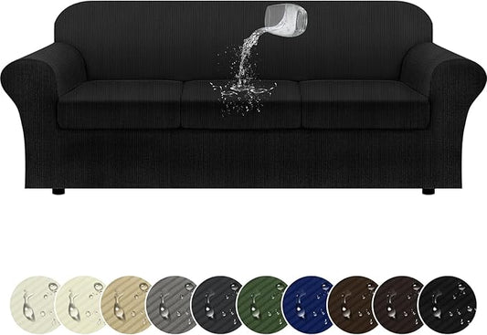 100% Waterproof Extra Large Couch Cover 4-Piece Set Striped Sofa Slipcovers for 3 Cushion Couch Covers with TPU Leakproof Bottom Stretch Protector Pet Proof - Sofa(3-Cushion), Black