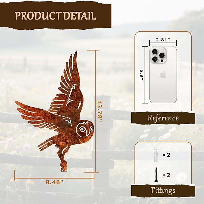 Rusty Metal Owl Garden Ornament - Flying Owl Statue for Outdoor Decor, Fence Decoration with Mounting Screws, Vintage Rustic Bird Sculpture for Yard, Patio & Lawn