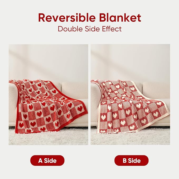 Snuggle Sac Red Heart Checkered Blanket for Women,Christmas Heart Blankets for Her Wife Girlfriend Mom,Super Soft Warm Fluffy Faux Fur Blanket for Couch Sofa Bed,Red Heart,60x80 inches