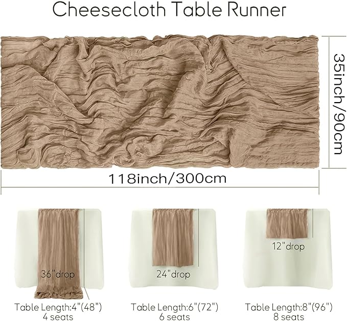 12 Pack Coffee Cheesecloth Table Runner 35 x 118 Inch Gauze Fabric Boho Table Runners for Wedding Arch, Rustic Bridal Shower, Baby Shower, Party Decorations, Farmhouse Home Decor