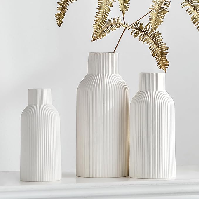 AWNR White Ceramic Vase Decor: Set of 3 Minimalist Vase for Flowers Modern Home Decor for Living Room Kitchen Centerpiece Table Decorations Flower Vases for Bouquet