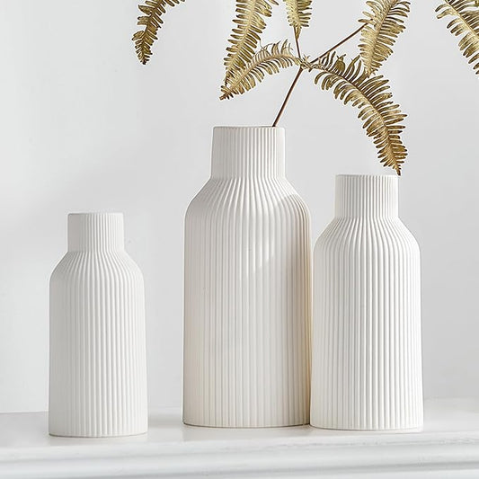 AWNR White Ceramic Vase Decor: Set of 3 Minimalist Vase for Flowers Modern Home Decor for Living Room Kitchen Centerpiece Table Decorations Flower Vases for Bouquet