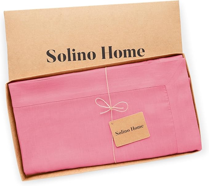 Solino Home Linen Tablecloth for Rectangle Tables 60 x 90 Inch - 100% Pure Linen Pink Carnation Table Cloth - Fete, Machine Washable Cloth Tablecloth
