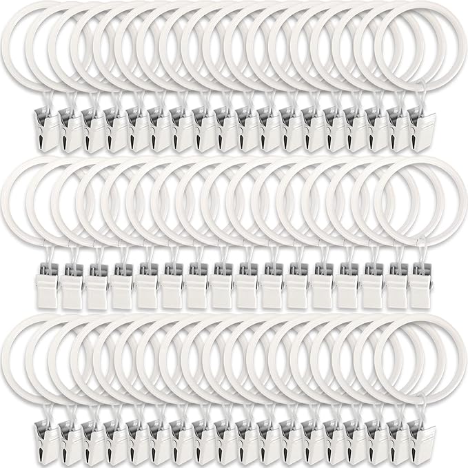 60 Pack Metal Curtain Rings with Clips, Curtain Clip Rings Hooks for Hanging Drapery Drapes Bows, Curtain Rod Rings 1.5 inch Interior Diameter, White