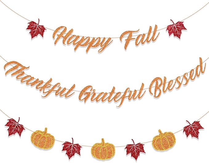 Fall Decorations Home Thanksgiving decor - Happy Fall and Blessed Grateful Thankful Banner with Pumpkin Maple Leaves Sign Garland Banner(Pre-Strung)