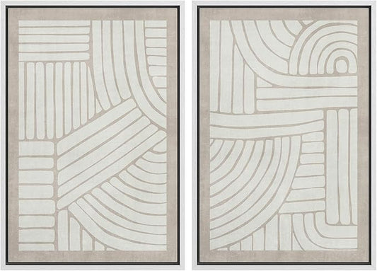 SIGNWIN Framed Canvas Print Wall Art Set Grunge Tribal Pattern Landscape Abstract Shapes Cozy Neutral Minimal Decorative Nordic Zen Bohemian for Living Room, Bedroom, Office - 16"x24"x2 White