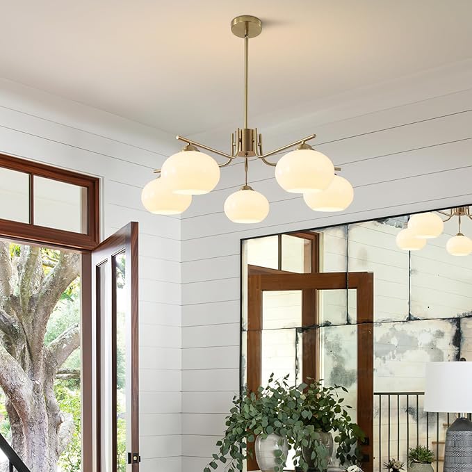 KCO Lighting 5-Light Globe Flush Mount Sputnik Chandelier Modern Brass Gold Pendant Lighting Fixture Milk Glass Ball Kitchen Island Chandelier Dining Room Light Fixture
