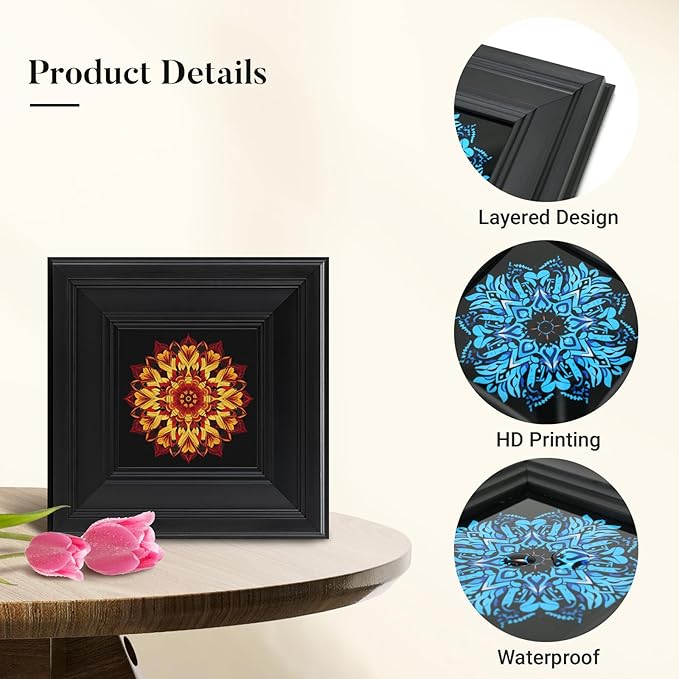 Brivoria Mandala Wall Art Home Decor, Framed Red and Gold Scarlet Whispers Mandala Artwork, Modern Spiritual Accent for Meditation Corner Desk Shelf or Bedroom, Warm Wall and Tabletop Display, 8x8