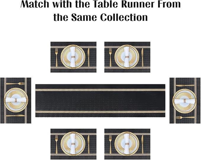 FAVE Placemats Set of 4 Black Placemats Woven with Golden Thread Durable and Wipeable Vinyl Placemats Table Mats Set of 4 for Wedding, Banquet, Birthday, Party, Restaurant (Black, 12"x18"-4PCS)