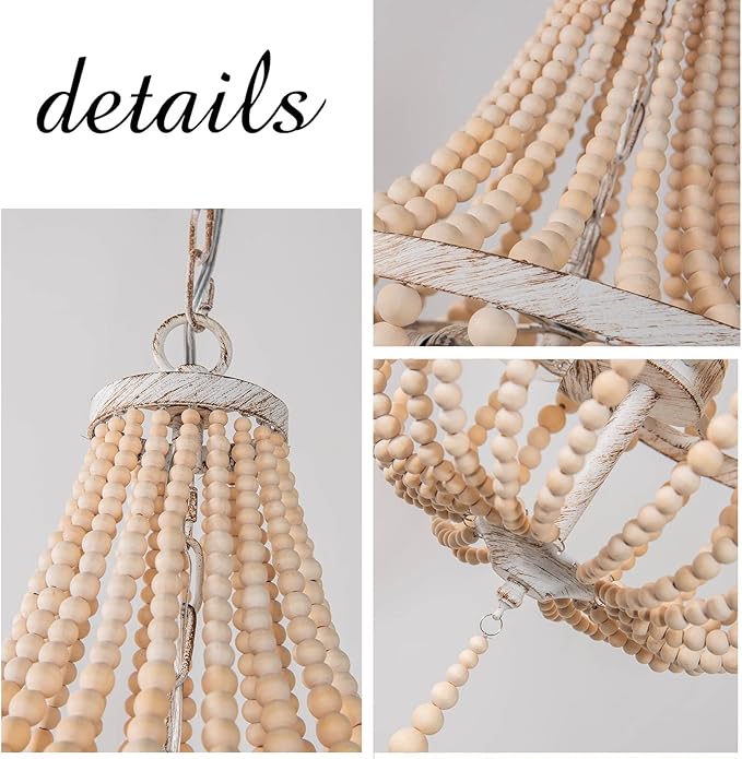 3-Light Mini Wood Beaded Boho Plug in Chandelier Dimmable and Timer Pendant Light Fixture with Swag Cord Antique Metal Finish Natural Color Beads for Dining Room Girls Bedroom Living Room Foyer