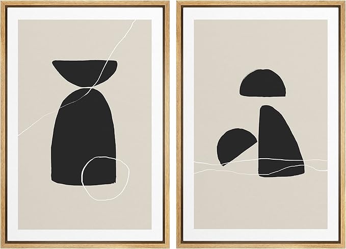 SIGNWIN Framed Canvas Print Wall Art Set Black Tan Mid-Century Figures Abstract Shapes Illustrations Modern Art Decorative Nordic Multicolor for Living Room, Bedroom, Office - 24"x36"x2 Natural