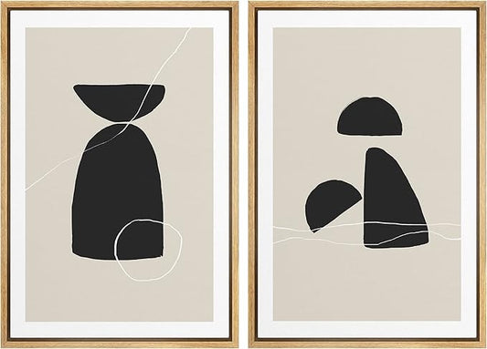 SIGNWIN Framed Canvas Print Wall Art Set Black Tan Mid-Century Figures Abstract Shapes Illustrations Modern Art Decorative Nordic Multicolor for Living Room, Bedroom, Office - 24"x36"x2 Natural