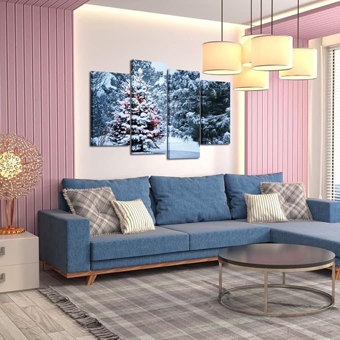 KREATIVE ARTS 4 Pieces Christmas Tree Canvas Print Snowy Winter Forest Pine Trees Scene Pictures Wall Art Giclee Artwork Gallery Wrapped Ready to Hang for Bedroom Walls Gift Idea L47xH32inch