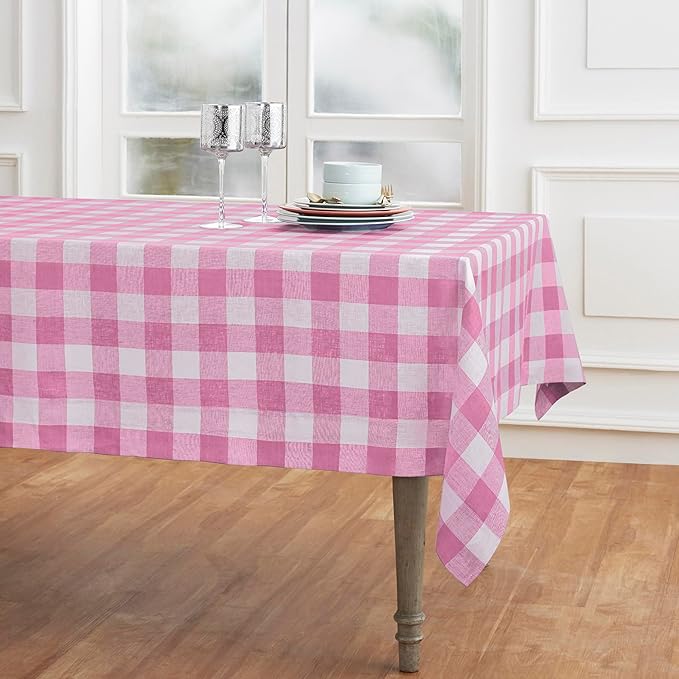 Solino Home Linen Checkered Tablecloth 60 x 90 Inch - 100% Pure Linen Pink Begonia Buffalo Plaid Table Cloth for Rectangle Tables - Machine Washable Tablecloth