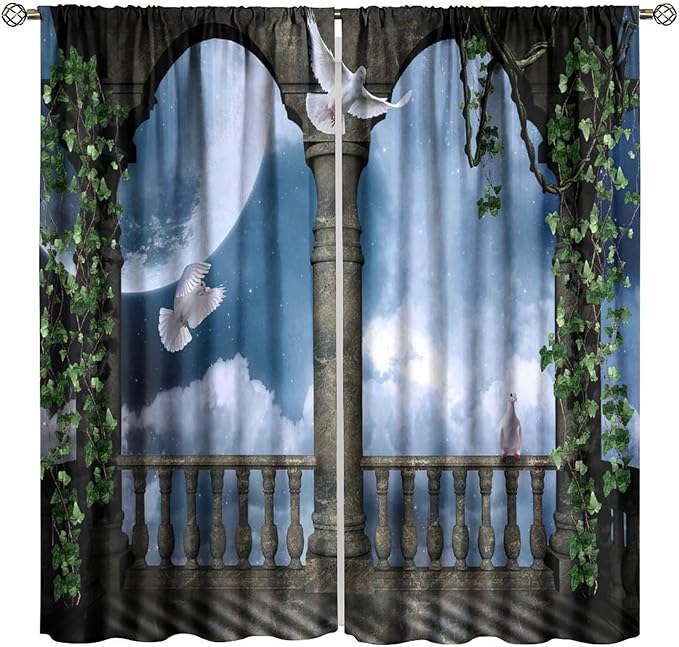 Gothic Castle Arch Blackout Curtains, Mid Century Balcony and Doves Vintage Style Rod Pocket Window Drapes, for Living Room Bedroom 21(W)*45(L) 2 Panels