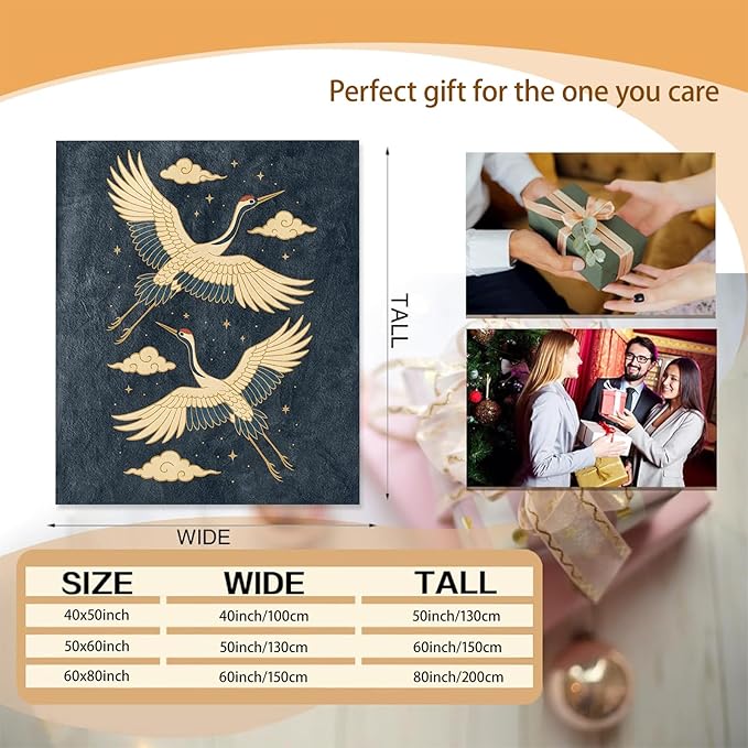 Elegant Crane Blanket Gifts for Women Girls Kids, Soft Warm Lightweight Flannel Cranes with Stars and Clouds Throw Blankets for Bedroom Living Room Home Sofa Home Camping Decor 50" x 60"