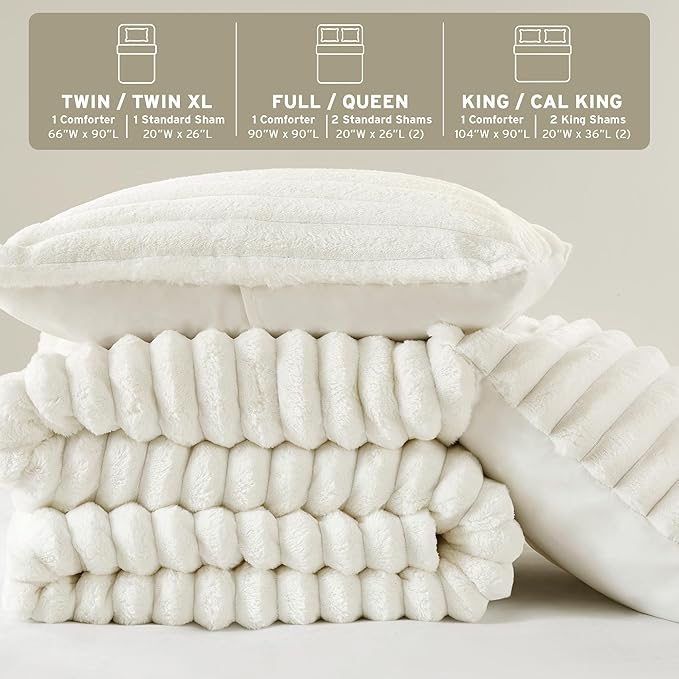 Intelligent Design Queen Comforter Set, Plush Bedding, Microfiber Reverse, 3 Piece, Lightweight, Super Soft Ribbed Velvet Comforter 2 Shams, All Season Fluffy Bed Set, Avril, Full/Queen Ivory