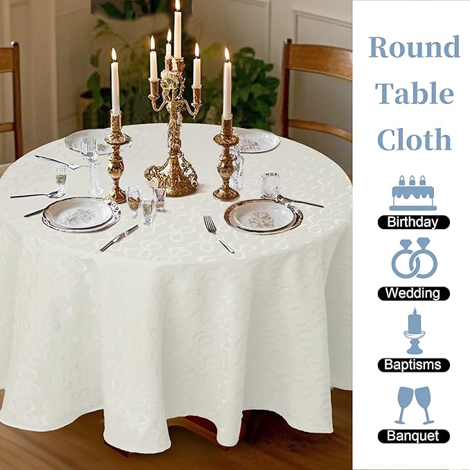 Off White Round Tablecloth 70 Inch Cloth for 5ft Tables (4-6 Seats) - Cotton & Polyester Blend- Fade Resistant - Washable & Reusable - 1PC Circle Table Cover for Wedding, Party & Dining, Bows Jacquard