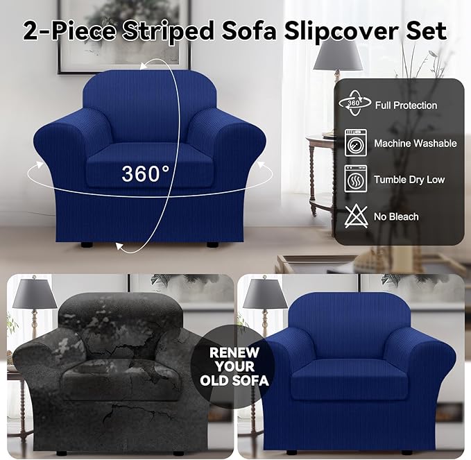 100% WaterproofChair Cover with Arms 2-Piece Set Striped Armchair Slipcovers with TPU Leakproof Bottom Stretch Couch Protector Pet Proof - Chair, Navy