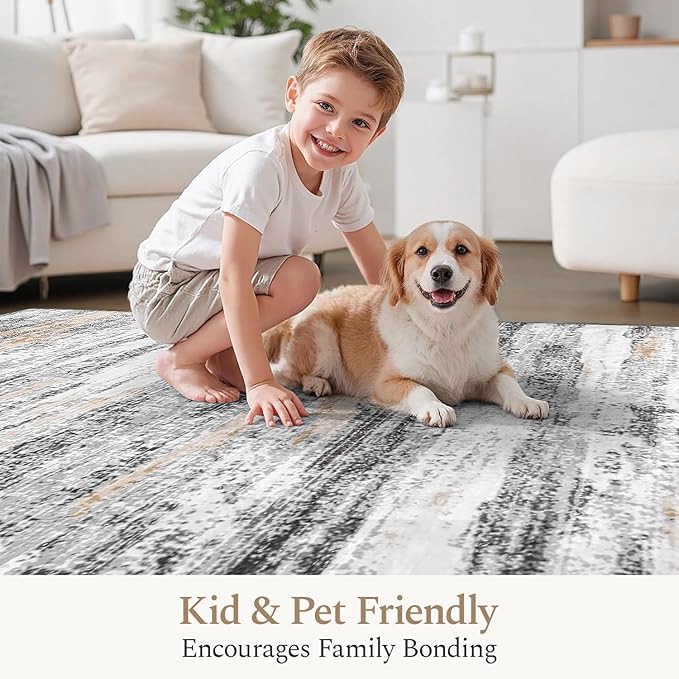 Rugflix 6x9 Area Rugs for Living Room, Washable Rug, Non-Slip, Soft Low Pile Carpet, Stain Resistant, Abstract Rug, Neutral Beige Grey Rug for Bedroom, Dining Room, Home Office