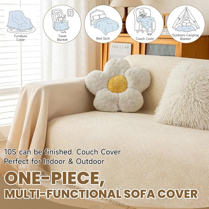 ROOMLIFE Boho Beige Couch Cover for Dogs, Washable Non Slip Furniture Protector Couch Sofa Covers for 3 Cushion Couch, Soft Breathable Sofa Slipcovers Couch Cover Throw Blanket with Tassels71''X150''