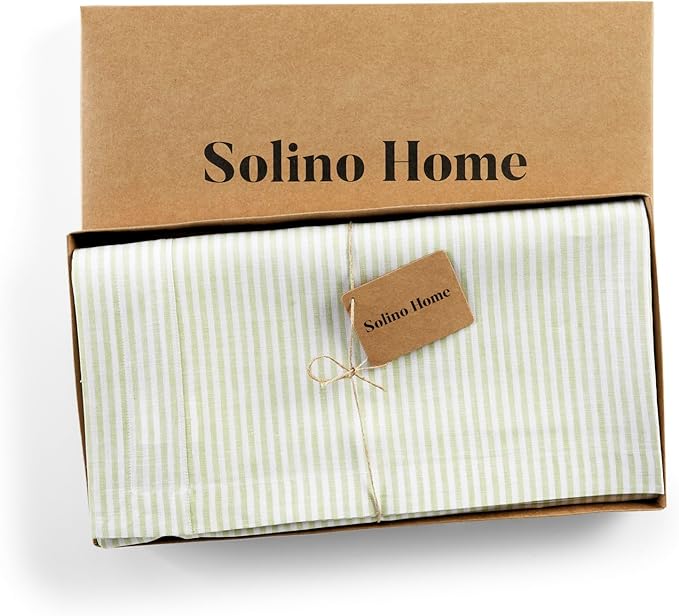 Solino Home Linen Striped Tablecloth 60 x 120 Inch - 100% Pure Linen Sage and White Table Cloth for Rectangle Tables - Narrow Stripe, Machine Washable Tablecloth for Thanksgiving, Christmas, Winter