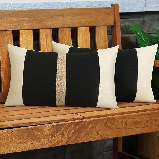 Pyonic Set of 2 Black Linen Patchwork Throw Lumbar Pillow Covers for Couch Farmhouse Decorative Outdoor Pillow Cover for Sofa Living Room Bedroom 12x20 Inch