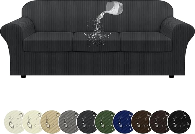 100% Waterproof Extra Large Couch Cover 4-Piece Set Striped Sofa Slipcovers for 3 Cushion Couch Sofa Covers with TPU Leakproof Bottom Stretch Protector Pet Proof - Sofa(3-Cushion), Dark Gray
