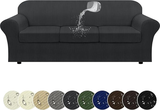 100% Waterproof Extra Large Couch Cover 4-Piece Set Striped Sofa Slipcovers for 3 Cushion Couch Sofa Covers with TPU Leakproof Bottom Stretch Protector Pet Proof - Sofa(3-Cushion), Dark Gray
