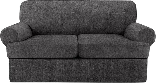 T Cushion Loveseat Slipcover 3 Pieces Sofa Covers for T Cushion Sofa Stretch Slip Covers for 2 Cushion Couch with 2 Individual T Shape Seat Covers (Dark Gray, 2 Cushion)