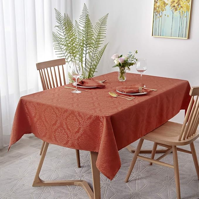 maxmill Jacquard Tablecloth Damask Design Water Resistance Antiwrinkle Heavy Weight Soft Table Cloth for Buffet Banquet Parties Event Holiday Dinner Rectangle 60 x 84 Inch Rust
