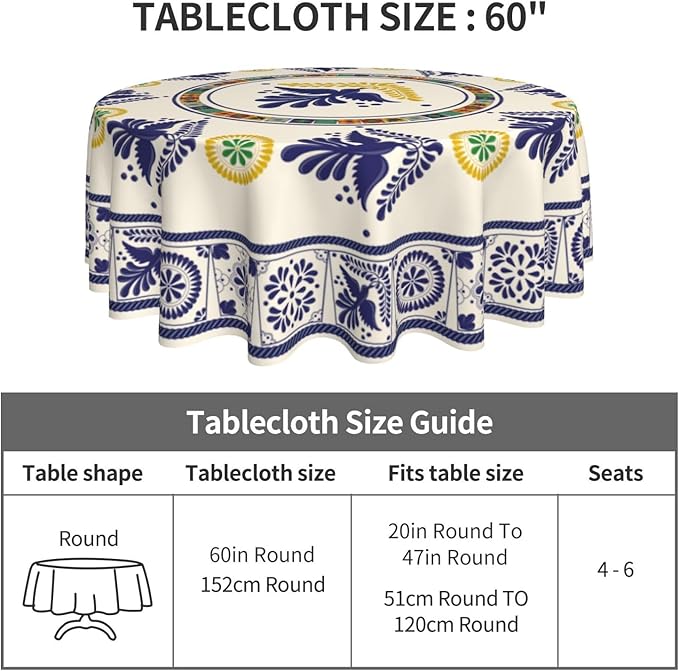 Mexican Round Tablecloth, Floral Bird Talavera Ceramic Tile Dia De Los Muertos Azulejo Mosaic Water Resisitant Table Cover for Dining Kitchen Living Room Home Party Holiday Decor 70 inch Round