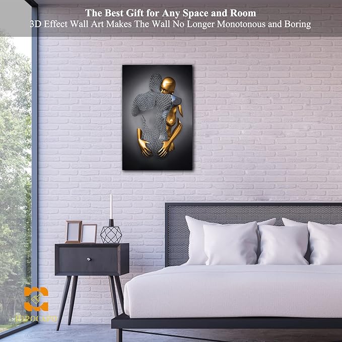 3D Metal Effect Wall Art - 3D Metal Canvas Art, 3D Metal Canvas Art 3D Canvas Art Wall Decor for Modern Living Room, Framed Romantic Couple Living Room Canvas Wall Art 12”x18”x1Pcs