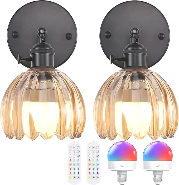 Vintage Battery Operated Wall Sconce with Amber Tulip Glass Lampshade Rechargeable Battery Powered Black Wall Light with Remote Control for Bedside Bedroom Doorway, Set of 2