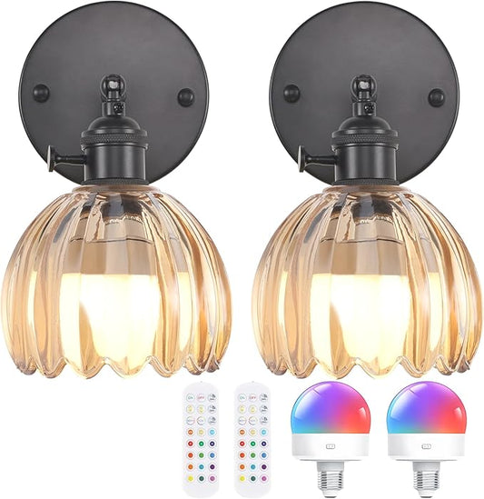 Vintage Battery Operated Wall Sconce with Amber Tulip Glass Lampshade Rechargeable Battery Powered Black Wall Light with Remote Control for Bedside Bedroom Doorway, Set of 2
